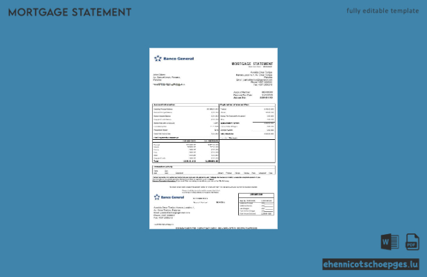 Panama Banco General Hypothekenabrechnung in Word- und PDF-Formaten – Beispielvorschau